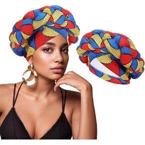 XEPST African Turban Head Wraps Big Braid Cross Turban Hat for Women, Printed Head Wrap Pre-Tied Stretchy Soft Headwear for Women Red