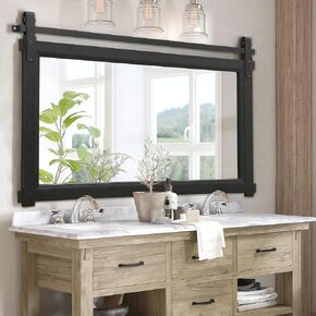 Farmhouse Barn Door Mirror, 42"x28" Black Rustic Bathroom Mirror, Wood Frame Wooden Wall Mirror for Living Room Bedroom Entryway Bathroom Wall Décor