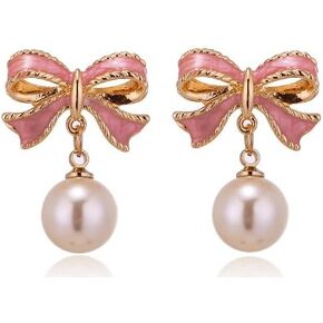 Bow Earrings for Women Fashion Gold Pearl Drop Dangle Earrings Red Bowknot Stud Wedding Party Daily Jewelry Accessory Valentines Day Gifts
