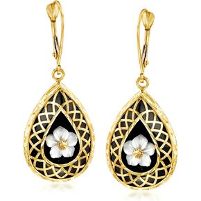 Ross-Simons Black Onyx and Mother-Of-Pearl Flower Overlay Drop Earrings in 14kt Yellow Gold