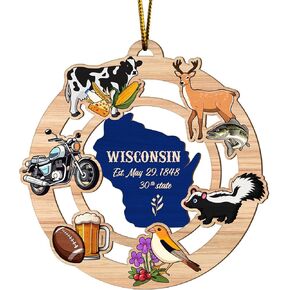 Christmas Decor Wisconsin State USA America 2D FLAT (NOT 3D) Wooden Ornaments for Christmas Tree Decorations 3.54 inches, Rear Mirror Hanging Car Accessories, Unique Gifts for Him Men Her Women