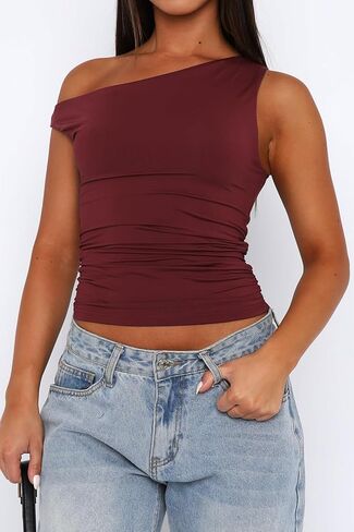 Off The Shoulder Tops for Women - Double Lined Tank Top Crop Cute Summer Trendy Sleeveless Going Out Ruched in Saudi Arabia