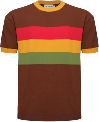 OXKNIT Mens Retro Knitted Shirt Short Sleeve Classic Crewneck Brown Shirt with Chest Striped in Kuwait