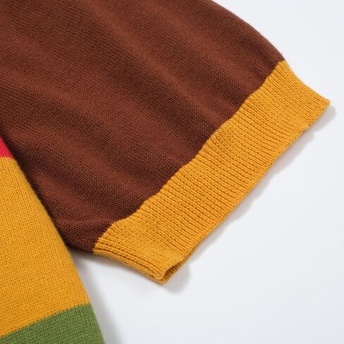 OXKNIT Mens Retro Knitted Shirt Short Sleeve Classic Crewneck Brown Shirt with Chest Striped in Kuwait