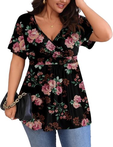 POSESHE Womens Plus Size Tops 2024 Summer Short Sleeves Tunic Tops Casual V-Neck Wrap Shirts Cute Dressy Work Blouses L-4XL in Kuwait