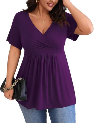 POSESHE Womens Plus Size Tops 2024 Summer Short Sleeves Tunic Tops Casual V-Neck Wrap Shirts Cute Dressy Work Blouses L-4XL in Kuwait
