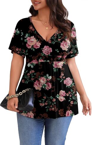 POSESHE Womens Plus Size Tops 2024 Summer Short Sleeves Tunic Tops Casual V-Neck Wrap Shirts Cute Dressy Work Blouses L-4XL in Kuwait