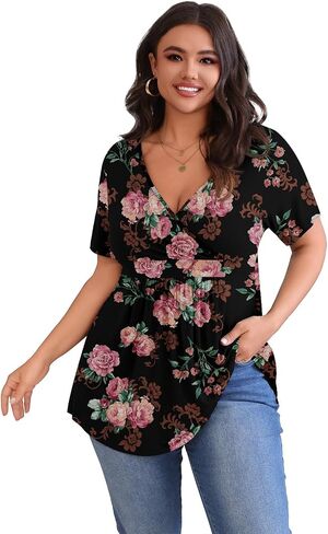 POSESHE Womens Plus Size Tops 2024 Summer Short Sleeves Tunic Tops Casual V-Neck Wrap Shirts Cute Dressy Work Blouses L-4XL in Kuwait