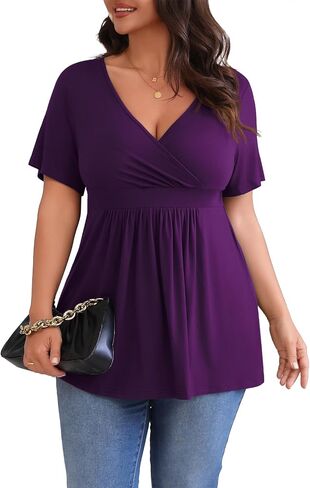 POSESHE Womens Plus Size Tops 2024 Summer Short Sleeves Tunic Tops Casual V-Neck Wrap Shirts Cute Dressy Work Blouses L-4XL in Kuwait