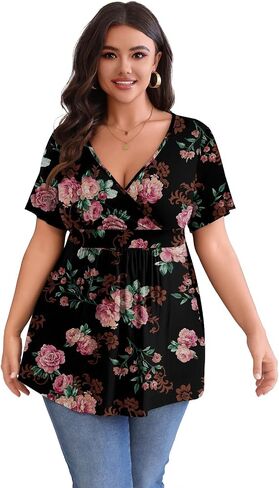 POSESHE Womens Plus Size Tops 2024 Summer Short Sleeves Tunic Tops Casual V-Neck Wrap Shirts Cute Dressy Work Blouses L-4XL in Kuwait