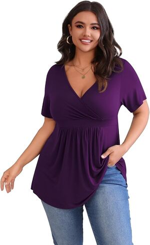 POSESHE Womens Plus Size Tops 2024 Summer Short Sleeves Tunic Tops Casual V-Neck Wrap Shirts Cute Dressy Work Blouses L-4XL in Kuwait