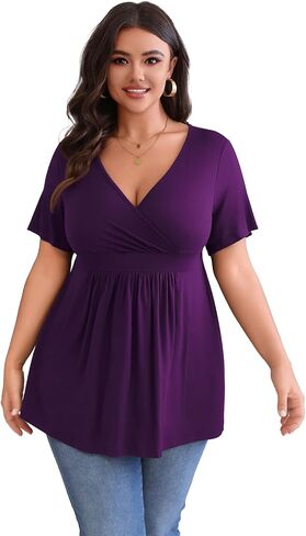 POSESHE Womens Plus Size Tops 2024 Summer Short Sleeves Tunic Tops Casual V-Neck Wrap Shirts Cute Dressy Work Blouses L-4XL in Kuwait