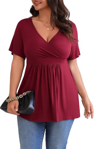 POSESHE Womens Plus Size Tops 2024 Summer Short Sleeves Tunic Tops Casual V-Neck Wrap Shirts Cute Dressy Work Blouses L-4XL in Kuwait