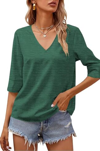 Grlasen Women Fashion Half Sleeve V-Neck T-Shirt Solid Loose Basic Tops in Kuwait