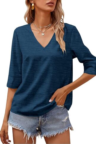 Grlasen Women Fashion Half Sleeve V-Neck T-Shirt Solid Loose Basic Tops in Kuwait