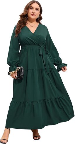 ShopWonder Womens Plus Size V Neck Wrap Long Sleeve Maxi Dress High Waist Ruffle Casual Dress with Belt in Kuwait