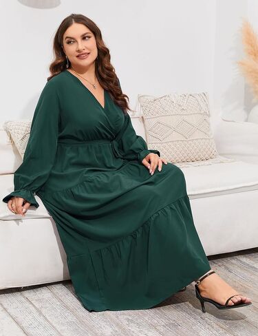 ShopWonder Womens Plus Size V Neck Wrap Long Sleeve Maxi Dress High Waist Ruffle Casual Dress with Belt in Kuwait