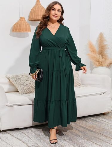 ShopWonder Womens Plus Size V Neck Wrap Long Sleeve Maxi Dress High Waist Ruffle Casual Dress with Belt in Kuwait