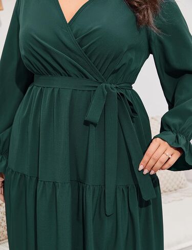 ShopWonder Womens Plus Size V Neck Wrap Long Sleeve Maxi Dress High Waist Ruffle Casual Dress with Belt in Kuwait