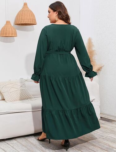 ShopWonder Womens Plus Size V Neck Wrap Long Sleeve Maxi Dress High Waist Ruffle Casual Dress with Belt in Kuwait