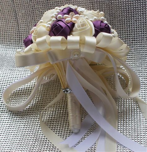 USIX Handcraft Popular Satin Rose Rhinestone Brooch Flower Pearl Bridal Holding Wedding Bouquet Wedding Flower Arrangements Bridesmaid Bouquet(Dark Purple+Ivory) in Kuwait