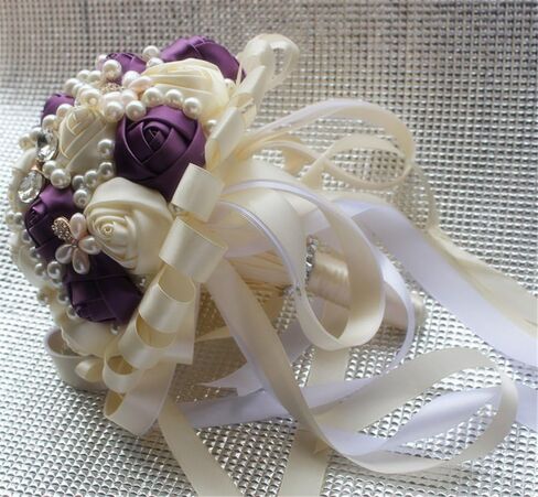USIX Handcraft Popular Satin Rose Rhinestone Brooch Flower Pearl Bridal Holding Wedding Bouquet Wedding Flower Arrangements Bridesmaid Bouquet(Dark Purple+Ivory) in Kuwait