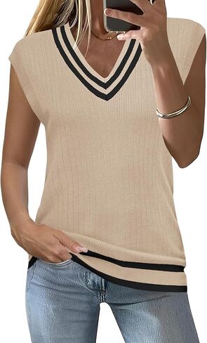 سترة نسائية من LOMON برقبة على شكل حرف V وأكمام قصيرة ومتماسكة، بلوفر كاجوال فضفاض بدون أكمام in Kuwait