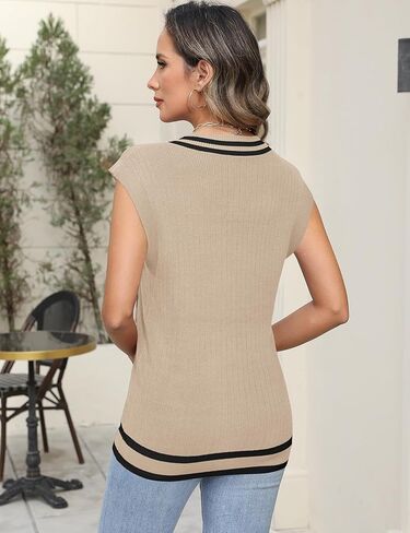 سترة نسائية من LOMON برقبة على شكل حرف V وأكمام قصيرة ومتماسكة، بلوفر كاجوال فضفاض بدون أكمام in Kuwait