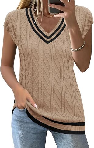 LOMON Womens V Neck Sweater Vest Cap Sleeve Cable Knit Casual Loose Fit Pullover Sleeveless Tank Top in Kuwait