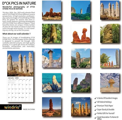 2025 Wall Calendar Funny Natures Dongs, November 2024 - December 2025, Funny Gag Gift for Adults, White Elephant Gift, 14-Month Organizer with D'ck Pics Nature Photos, 12" x 24" Opened in Kuwait