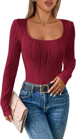 WICIWI Women's Tops 2024 Fall Long Sleeve Square Neck Y2k Shirts Sexy Slim Fit Knit Crop Tee Shirt Textured Blouses in Saudi Arabia