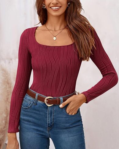 WICIWI Women's Tops 2024 Fall Long Sleeve Square Neck Y2k Shirts Sexy Slim Fit Knit Crop Tee Shirt Textured Blouses in Saudi Arabia