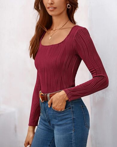 WICIWI Women's Tops 2024 Fall Long Sleeve Square Neck Y2k Shirts Sexy Slim Fit Knit Crop Tee Shirt Textured Blouses in Saudi Arabia