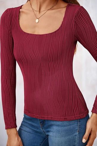 WICIWI Women's Tops 2024 Fall Long Sleeve Square Neck Y2k Shirts Sexy Slim Fit Knit Crop Tee Shirt Textured Blouses in Saudi Arabia