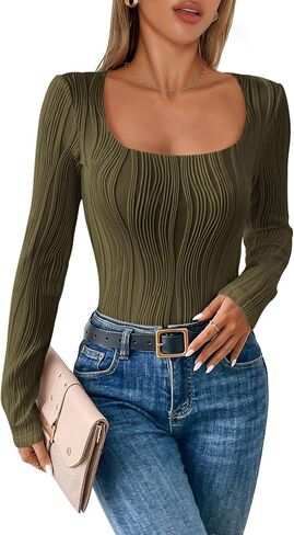 WICIWI Women's Tops 2024 Fall Long Sleeve Square Neck Y2k Shirts Sexy Slim Fit Knit Crop Tee Shirt Textured Blouses in Saudi Arabia