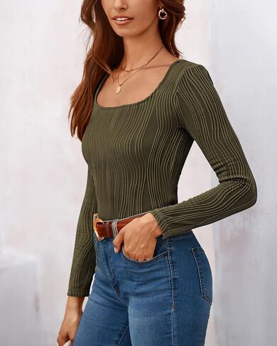 WICIWI Women's Tops 2024 Fall Long Sleeve Square Neck Y2k Shirts Sexy Slim Fit Knit Crop Tee Shirt Textured Blouses in Saudi Arabia