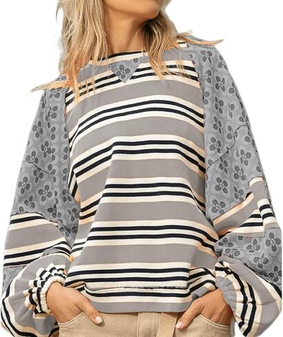 GGUHHU Womens Color Block Floral Striped Patchwork Sweatshirt Crew Neck Graphic Y2K Hoodie Crop Top in Kuwait