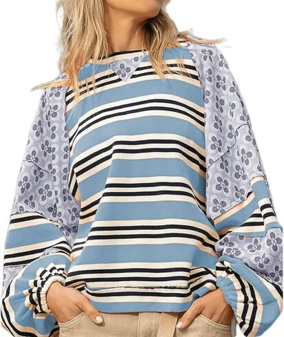 GGUHHU Womens Color Block Floral Striped Patchwork Sweatshirt Crew Neck Graphic Y2K Hoodie Crop Top in Saudi Arabia