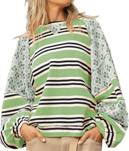 GGUHHU Womens Color Block Floral Striped Patchwork Sweatshirt Crew Neck Graphic Y2K Hoodie Crop Top in Saudi Arabia