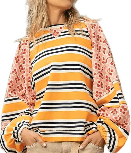 GGUHHU Womens Color Block Floral Striped Patchwork Sweatshirt Crew Neck Graphic Y2K Hoodie Crop Top in Saudi Arabia