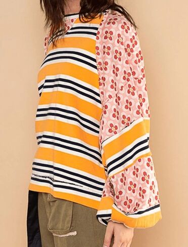 GGUHHU Womens Color Block Floral Striped Patchwork Sweatshirt Crew Neck Graphic Y2K Hoodie Crop Top in Saudi Arabia