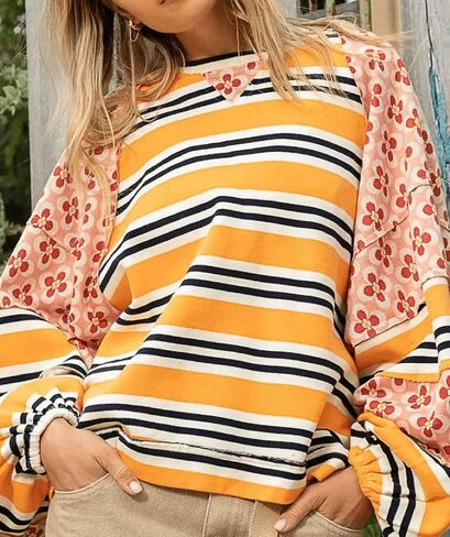 GGUHHU Womens Color Block Floral Striped Patchwork Sweatshirt Crew Neck Graphic Y2K Hoodie Crop Top in Saudi Arabia