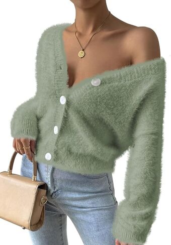 Pink Queen Women's Furry Cropped Cardigan Batwing Sleeves Open Front V-Neck Button Down Loose Casual Knit Sweater Coat in Kuwait