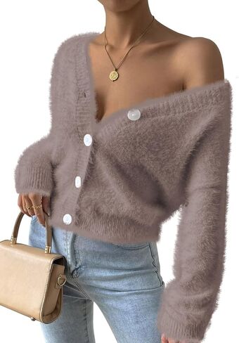 Pink Queen Women's Furry Cropped Cardigan Batwing Sleeves Open Front V-Neck Button Down Loose Casual Knit Sweater Coat in Saudi Arabia