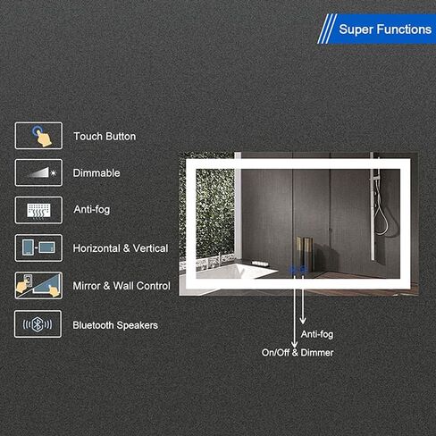 مرآة حمام LED مع أضواء من DECORAPORT، مرآة زينة للحمام مضاءة بإضاءة LED، مقاس 60 × 36 بوصة، قابلة للتعتيم، مرآة بلوتوث ذكية، مضادة للضباب، مرآة مكياج مع أضواء in Saudi Arabia