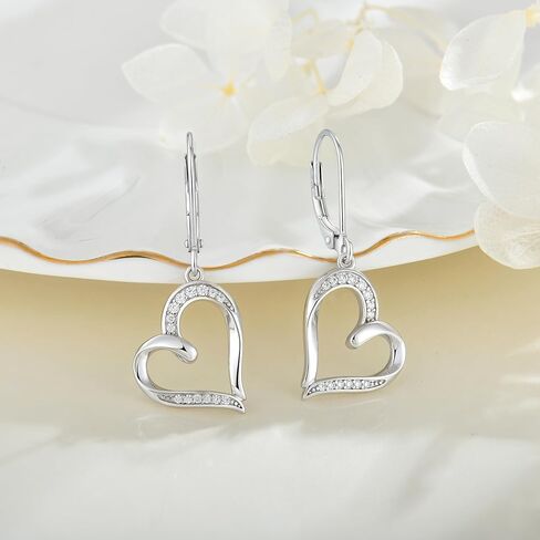 Heart Earrings Silver Heart Pendant Earrings Cubic Zirconia Leverback Jewelry For Women in Saudi Arabia