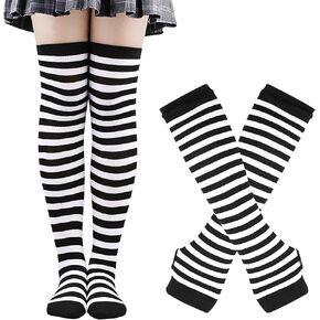 Women's Striped Knee High Socks and Gloves Knitted Long Socks Arm Warmers Stretch Over Knee Stockings Fingerless Mitten Gloves Hot Pink Black