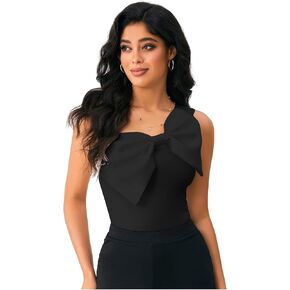 WDIRARA Women's Bow Front One Shoulder Bodysuit Asymmetrical Sleeveless Top