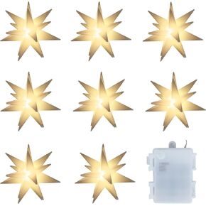 Elf Logic Set of Eight 4" LED Mini Moravian Star String Lights. Hanging Outdoor Christmas Lights, Holiday Decoration, Porch Lights, Advent Stars or Christmas Tree Lights.