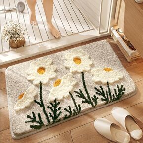 Cute Floral Bath Mat Super Absorbent Non-Slip Bath Mat Machine Washable Shaggy Rug for Shower, Sink and Living Room (White, 30"x17")